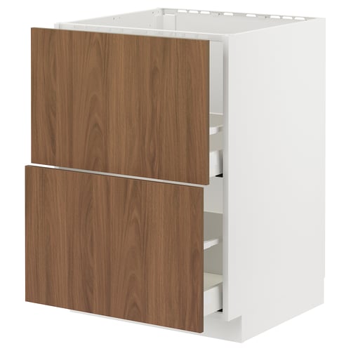 METOD / MAXIMERA خزانة قاعدة لحوض+واجهتان/درجان, أبيض/Tistorp مظهر الجوز بني, 60x60 سم
