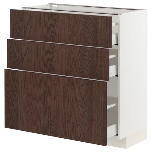 METOD / MAXIMERA خزانة قاعدة مع 3 أدراج, أبيض/Sinarp بني, 80x37 سم
