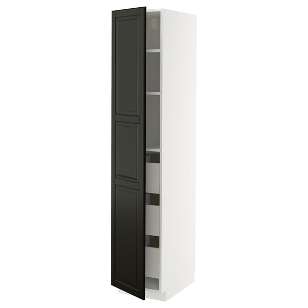 METOD / MAXIMERA خزانة عالية بأدراج, أبيض/Bodbyn أسود, 40x60x200 سم