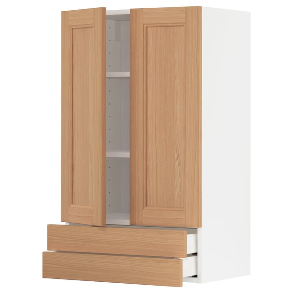 METOD / MAXIMERA خزانة قاعدة بابين/2 أدراج, أبيض/Vedhamn سنديان, 60x100 سم