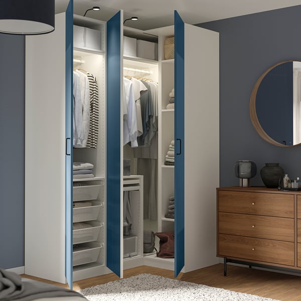 PAX / FYRUDDEN دولاب ملابس زاوية, أبيض/أزرق, 161/111x236 سم