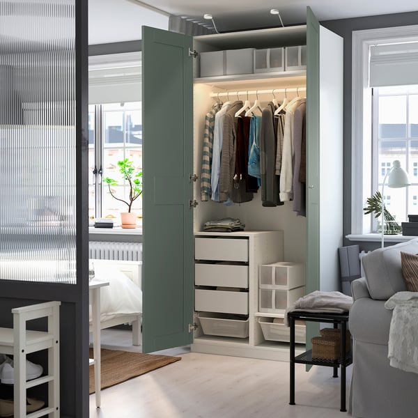 PAX / GRIMO تشكيلة دولاب ملابس., أبيض/رمادي-أخضر, 100x60x236 سم