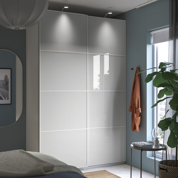 PAX / HOKKSUND دولاب ملابس, أبيض/لامع رمادي فاتح, 150x66x236 سم