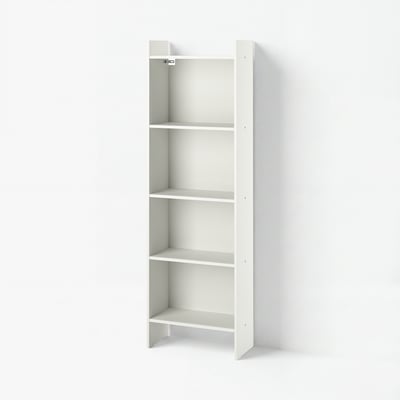 A white BAGGEBO bookcase with four empty shelves. Its tall, rectangular, and made of particleboard and acrylic paint.