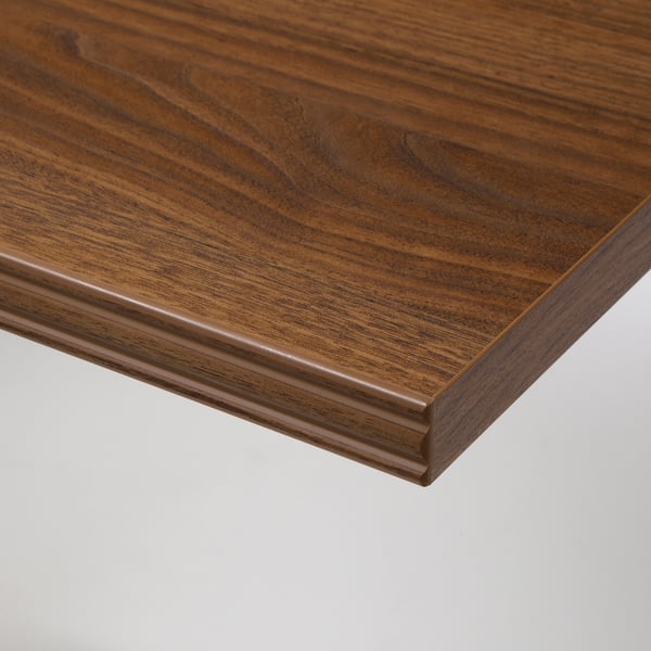 Close-up of a high-quality wooden shelf with a smooth edge, showcasing its rich walnut pattern and polished finish.