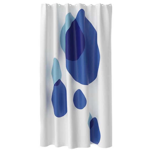 BERGVATTNET shower curtain. Blue abstract drops on white. Recycled polyester.