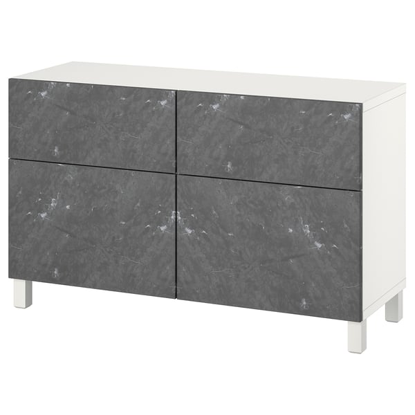 Modern BESTÅ sideboard, white, grey marble-effect drawers, four legs, sleek design.