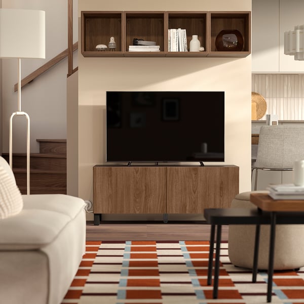 BESTÅ TV bench with doors, black-brown Lappviken/Stubbarp/brown walnut effect, 120x42x48 cm