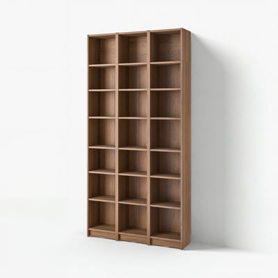BILLY bookcase, tall wooden shelves, three sections, light brown, clean design.