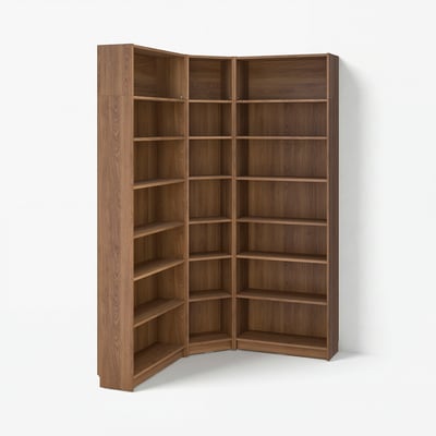 BILLY: brown wooden corner bookcase with multiple shelves, simple & classic design.