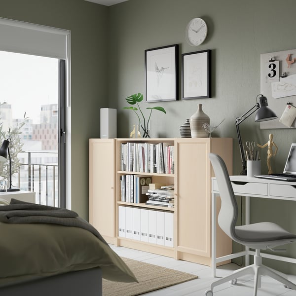 BILLY bookcase, desk, chair, decor, speaker, clock, green wall with prints