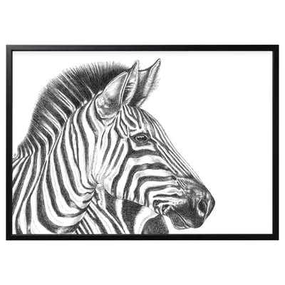 Black and white zebra head print, framed in black, detailed artwork.