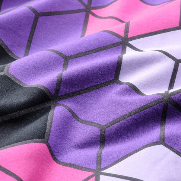 Abstract geometric duvet cover with purples and pinks, intricate patterns, high-quality fabric texture.