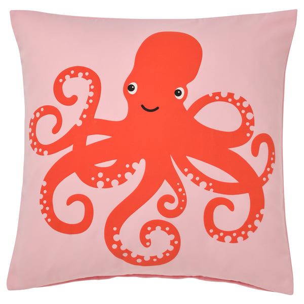 Octopus pillow, bright red with white dots, smiling face, soft fabric, square shape, underwater design.