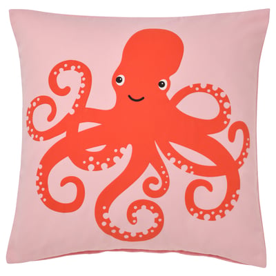Octopus pillow, bright red with white dots, smiling face, soft fabric, square shape, underwater design.