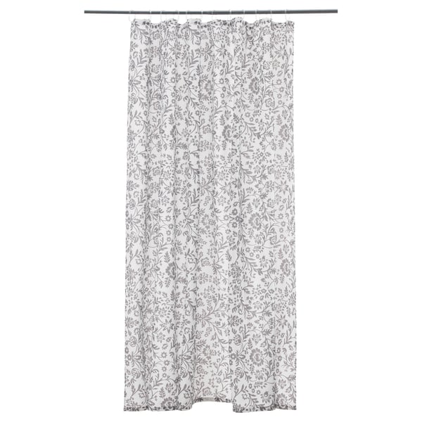 BLEKVIVA shower curtain, white with floral pattern, recycled polyester, rectangular, hanging.