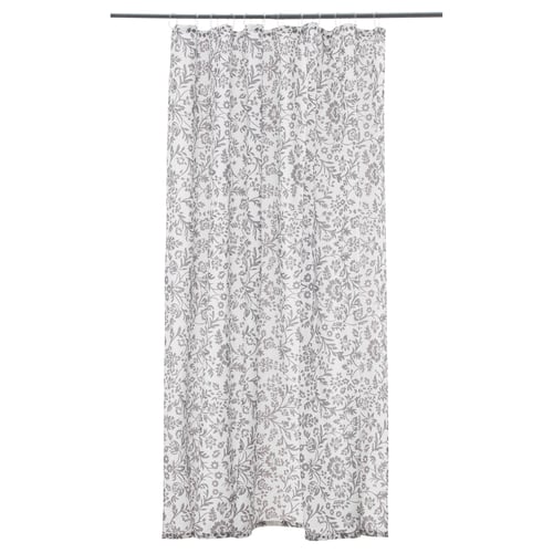 BLEKVIVA shower curtain, white with floral pattern, recycled polyester, rectangular, hanging.