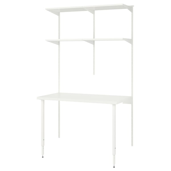 A white BOAXEL storage system featuring shelves and a tabletop for efficient space organisation.