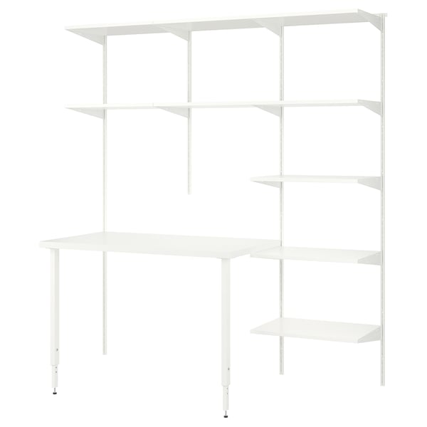 White multi-level desk storage system with steel support.