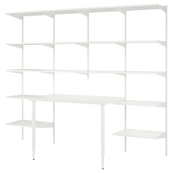 A white BOAXEL storage system with multiple shelves and a long table top, designed for efficient organisation and space utilisation.