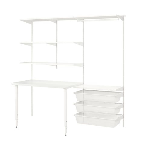 A white BOAXEL storage system, including wall-mounted shelves, drawers, and a table. Modern and functional design for efficient use of space.