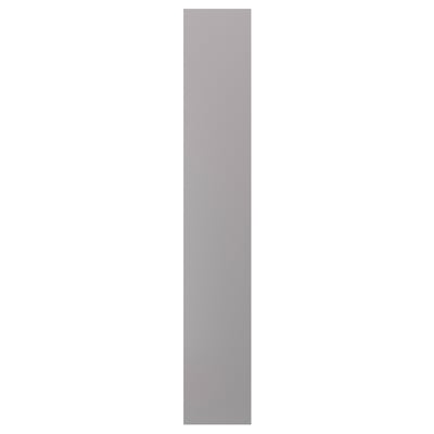 A vertical, grey BODBYN cabinet panel with bevelled edges, made of acrylic-painted fiberboard, providing a smooth and traditional design.