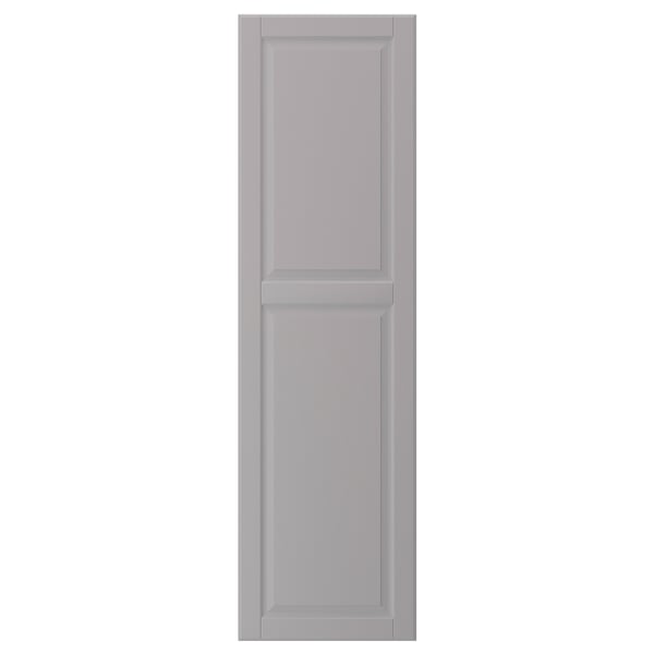 A grey BODBYN cabinet door with a bevelled panel design. The door is rectangular with a smooth lacquered finish, providing a clean and modern look.