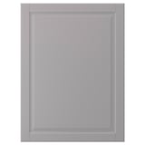Displays a light grey rectangular cabinet door with a smooth, bevelled edge design made from fiberboard.
