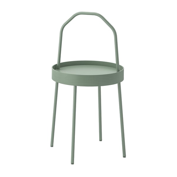 A green BURVIK side table with a round top, three legs, and a carrying handle.