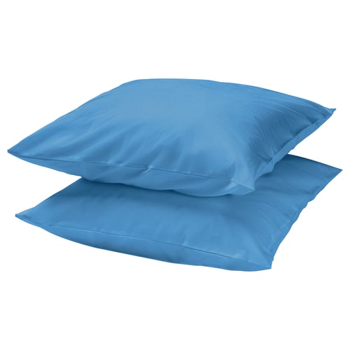 Two blue DVALA cotton pillows stacked, smooth texture, square shape.