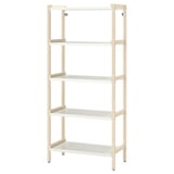 Ikea EKENABBEN white metal and wood shelving unit with four empty shelves.