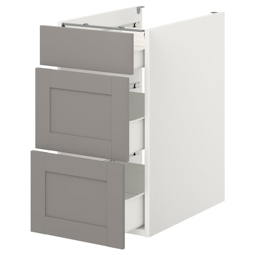 ENHET white kitchen cabinet with 3 grey drawers. Modern, large, 3-drawer design for extensive storage.