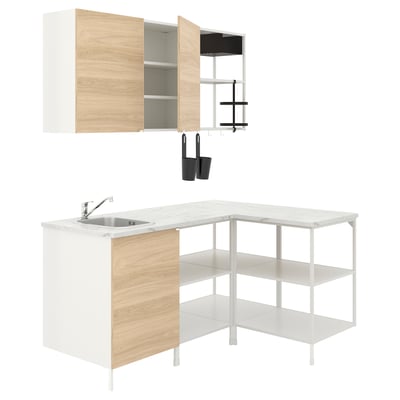 ENHET kitchen setup: light wood & white. Sink, shelves, cabinets, hooks. Modern minimalist design.
