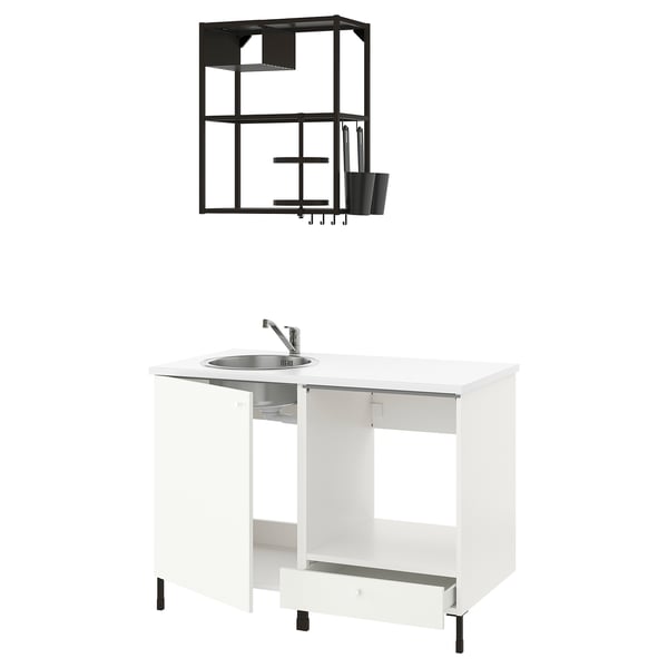 Innovative kitchen setup with white cabinet, sink, and black metal shelf. Modern, efficient design.