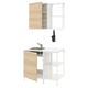 Modern kitchen setup: white & wood cabinet, sink, tap, hanging cup.