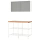 Modern kitchen: grey cabinets, butcher block, metal framing, efficient design.