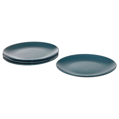 FÄRGKLAR plates in teal, made of stoneware, round with smooth edges, and a simple design.