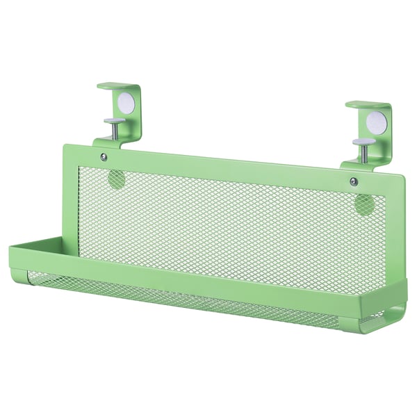Green FÖRSÄSONG cable tray, metal mesh, clamps onto desks, keeps workspace neat.