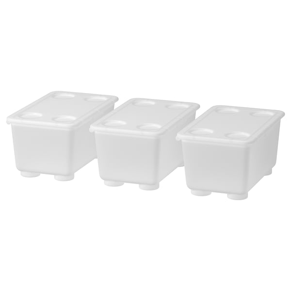 Three stackable white plastic boxes with lids, ideal for organising small items, featuring a rectangular shape and feet for stability.