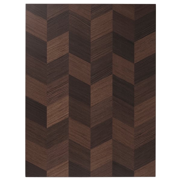 Dark wood herringbone-patterned kitchen cabinet door with natural veneer, 3-tone design.