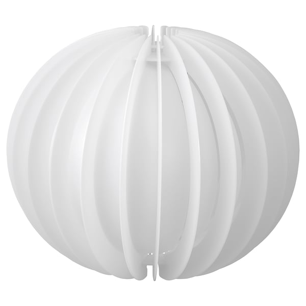 Havfjäder white lampshade, ribbed design, plastic, round shape, hangs from wire.