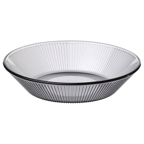 HAVSGÄDDA grey glass dinner plate, round with ridged design.