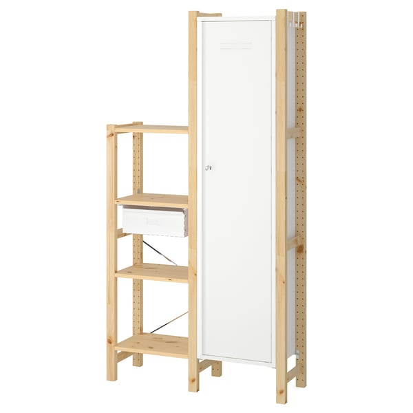 IVAR: light wood shelf unit with four shelves, and a tall door.