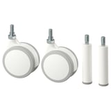 Set of 4 white JONAXEL castors, 2 with bolts, 2 without, made of polypropylene plastic.