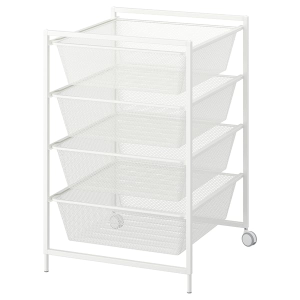 A white JONAXEL storage unit with four mesh baskets. It has a modern design with a metal frame and wheels for easy movement.