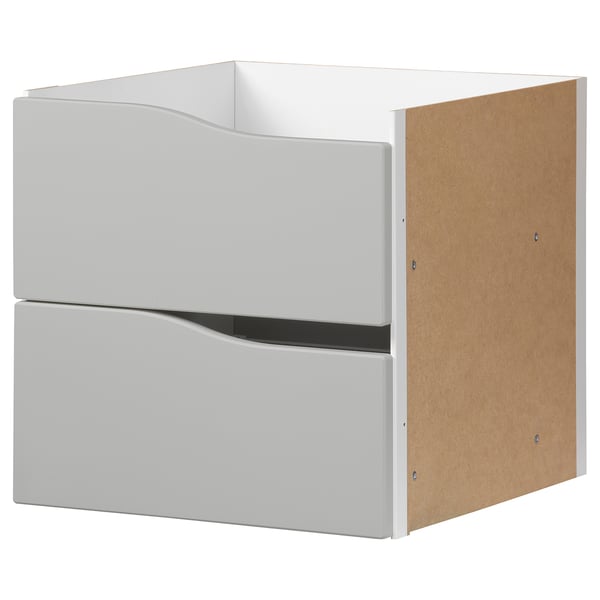 White KALLAX storage unit with 2 drawers, modern design in particleboard and plastic.