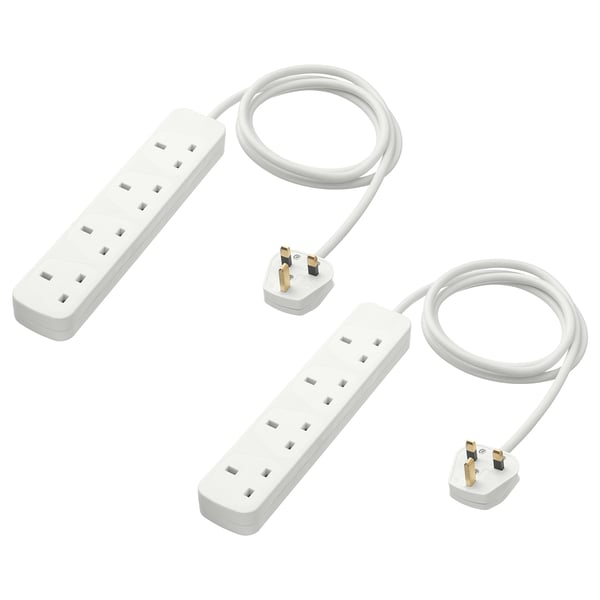 Two white KOPPLA power strips with four sockets each, connected by white pvc cords, laid flat on a white background.