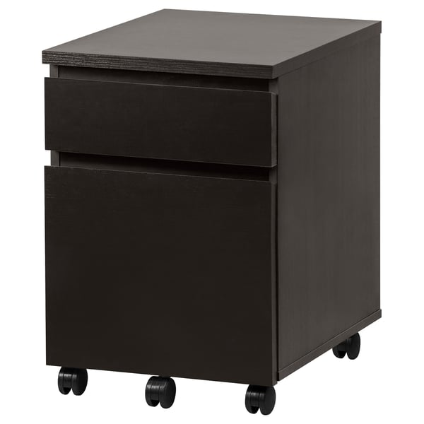 Black MALM mobile storage unit with 2 drawers, modern design on castors.