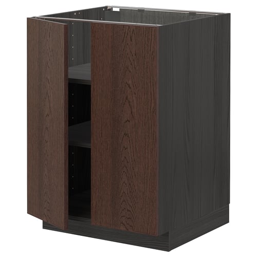 Dark brown wooden kitchen cabinet unit with shelves.