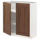 METOD kitchen cabinet with walnut-brown doors and white base, two doors open.